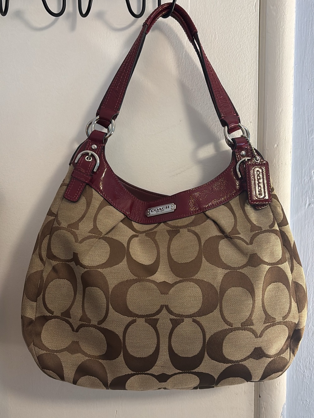 Coach Brown Signature Canvas Shoulder Bag with Burgundy Leather Trim